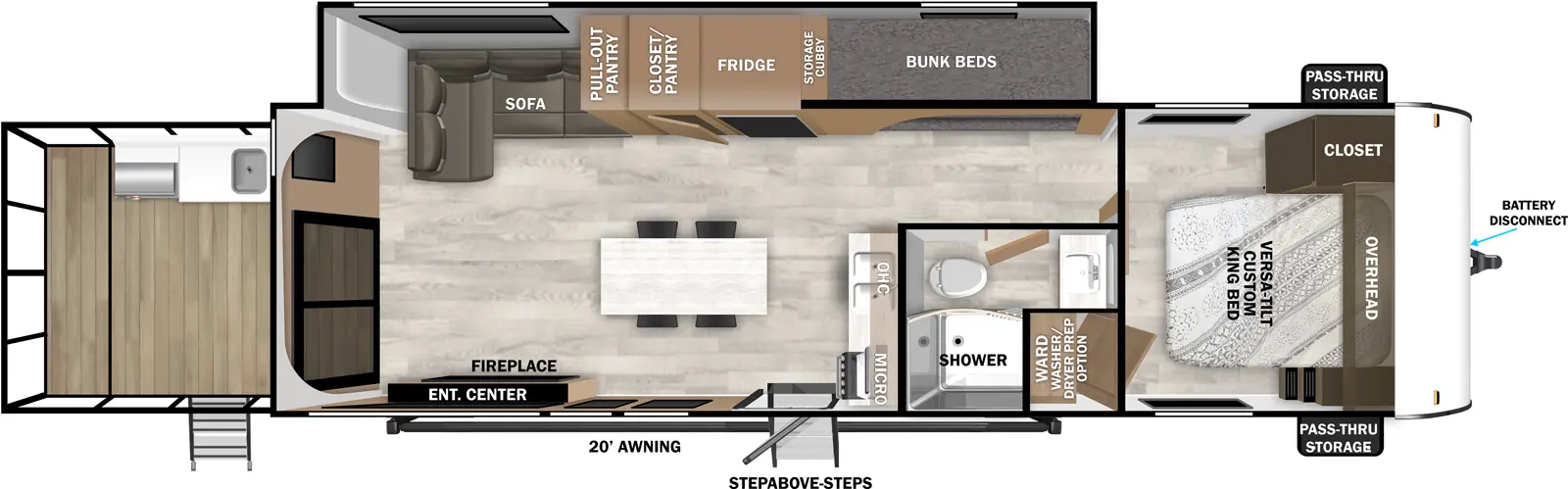 The Salem 34VERANDA floorplan has two entries and one slide out. Exterior features include: metal or fiberglass exterior, 20' awning and outside kitchen. Interiors features include: kitchen island and front bedroom.